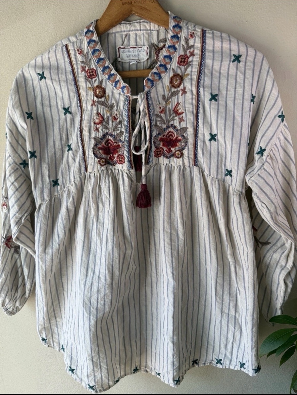 Johnny Was Workshop Embroidered Blue Stripe Peasant Blouse Tunic